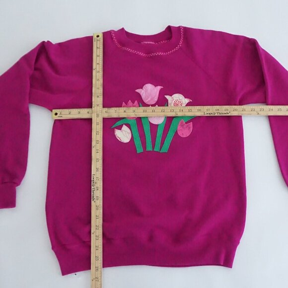 Vintage Purple w Embroidered Floral Tulips Crewneck Sweater Xl - Picture 4 of 10